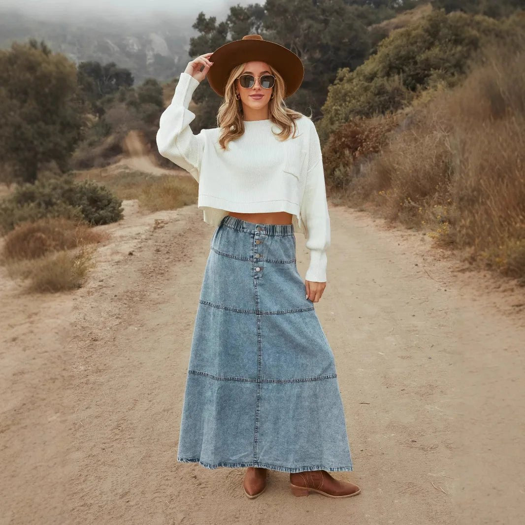 Boho Maxi Denim Skirt - Prestiqlo