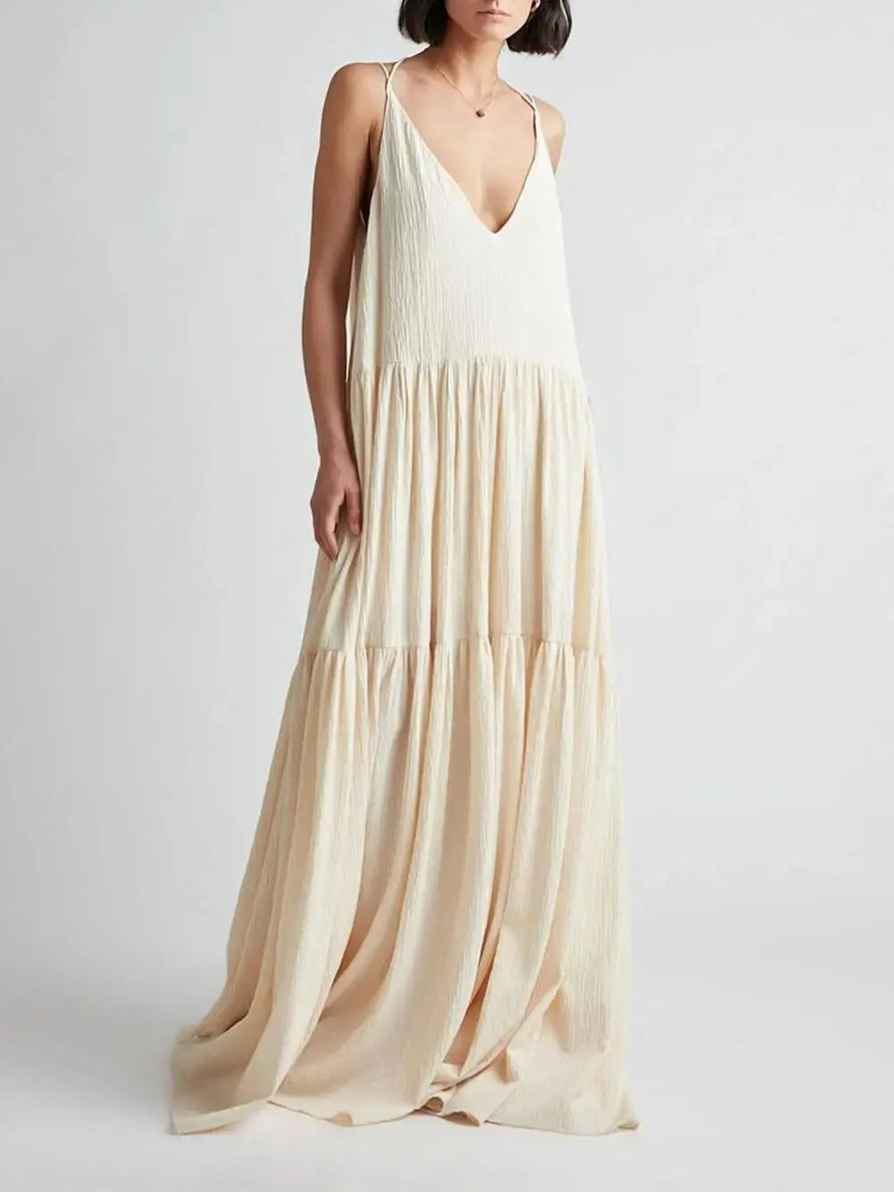 Elegant Resort Deep V - Neckline Strappy Maxi Dress - Prestiqlo