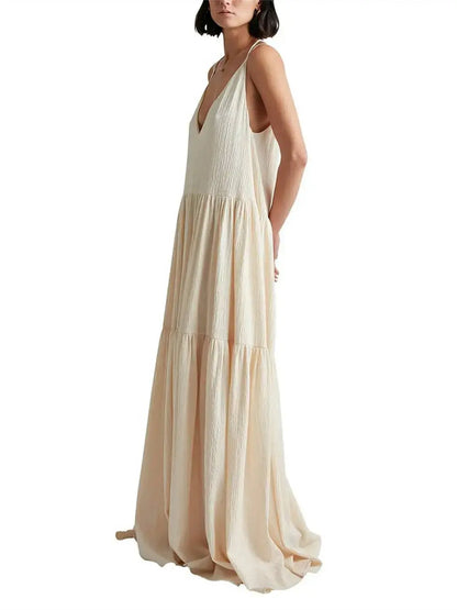 Elegant Resort Deep V - Neckline Strappy Maxi Dress - Prestiqlo