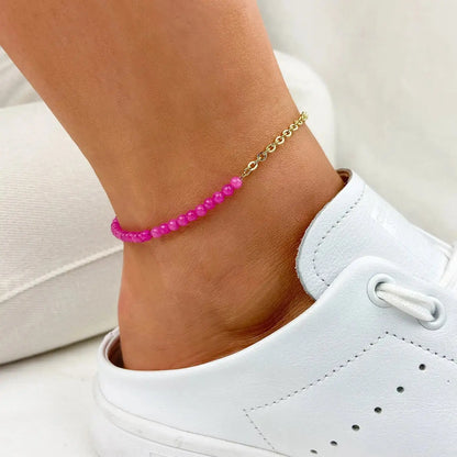 Essentielle Anklet with Mixed Chain and Pink Beads, Gold Color - Prestiqlo