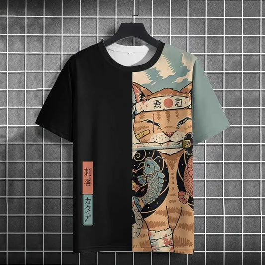 Japanese Samurai Cat 3D Print T-Shirt | Casual Fashion Tee for Men and Women Prestiqlo