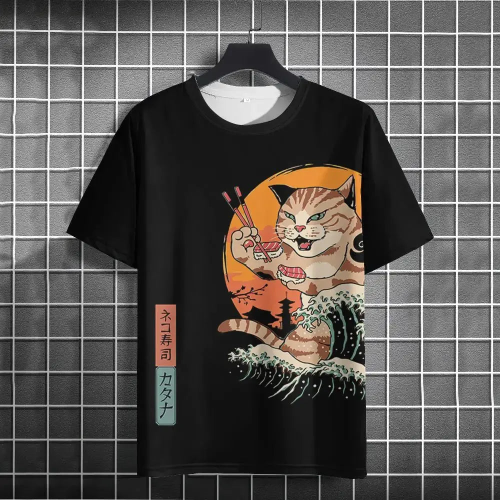 Japanese Samurai Cat 3D Print T-Shirt | Casual Fashion Tee for Men and Women Prestiqlo