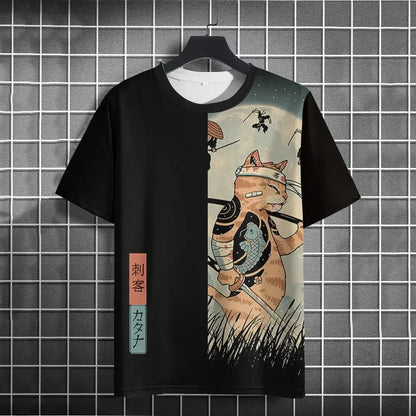 Japanese Samurai Cat 3D Print T-Shirt | Casual Fashion Tee for Men and Women Prestiqlo