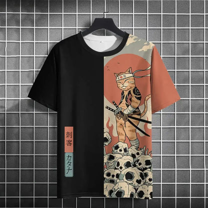 Japanese Samurai Cat 3D Print T-Shirt | Casual Fashion Tee for Men and Women Prestiqlo