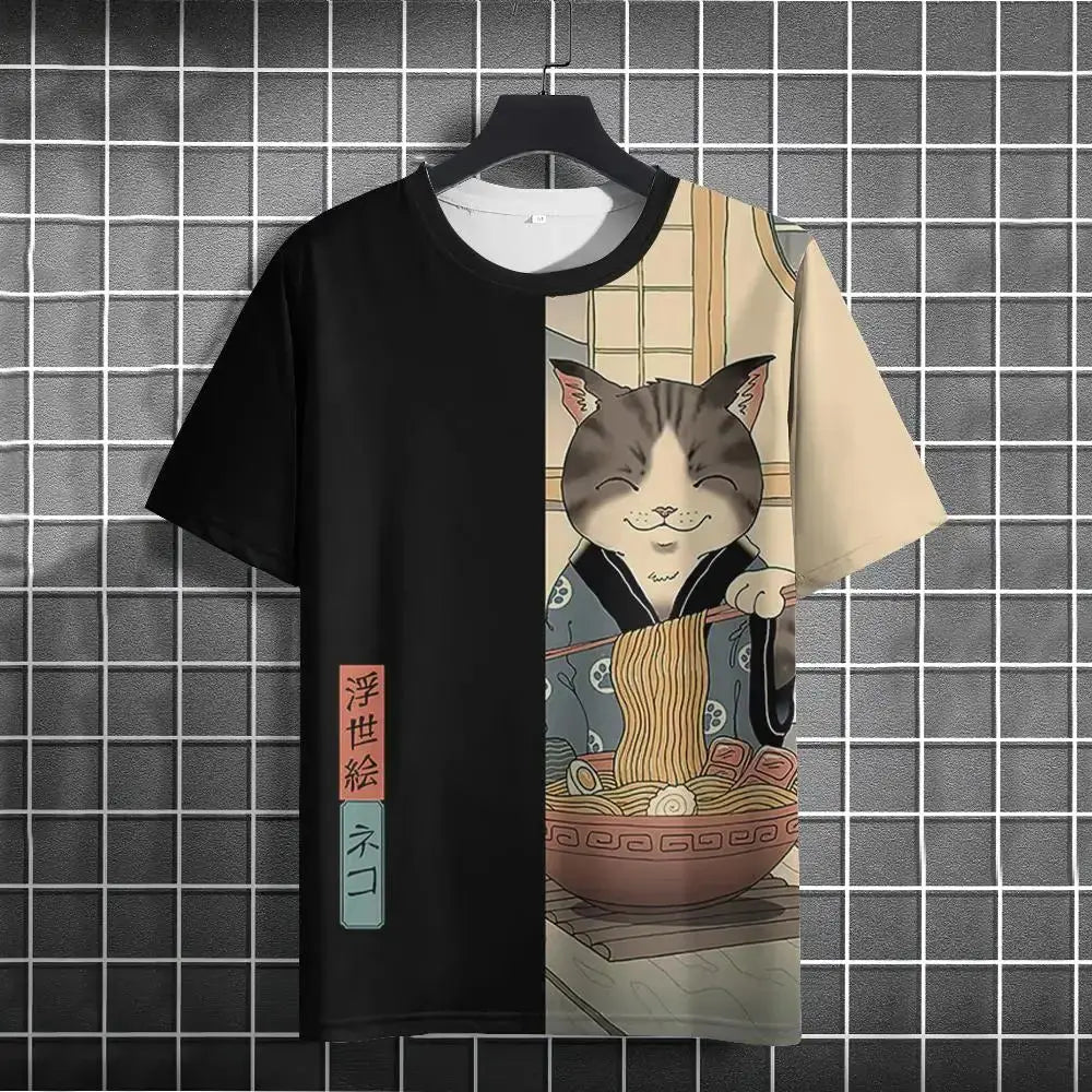 Japanese Samurai Cat 3D Print T-Shirt | Casual Fashion Tee for Men and Women - Prestiqlo