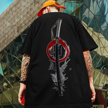 Men's Retro 3D Samurai Sword Print T-Shirt | Loose Fit Harajuku Style Short Sleeve Tee Prestiqlo