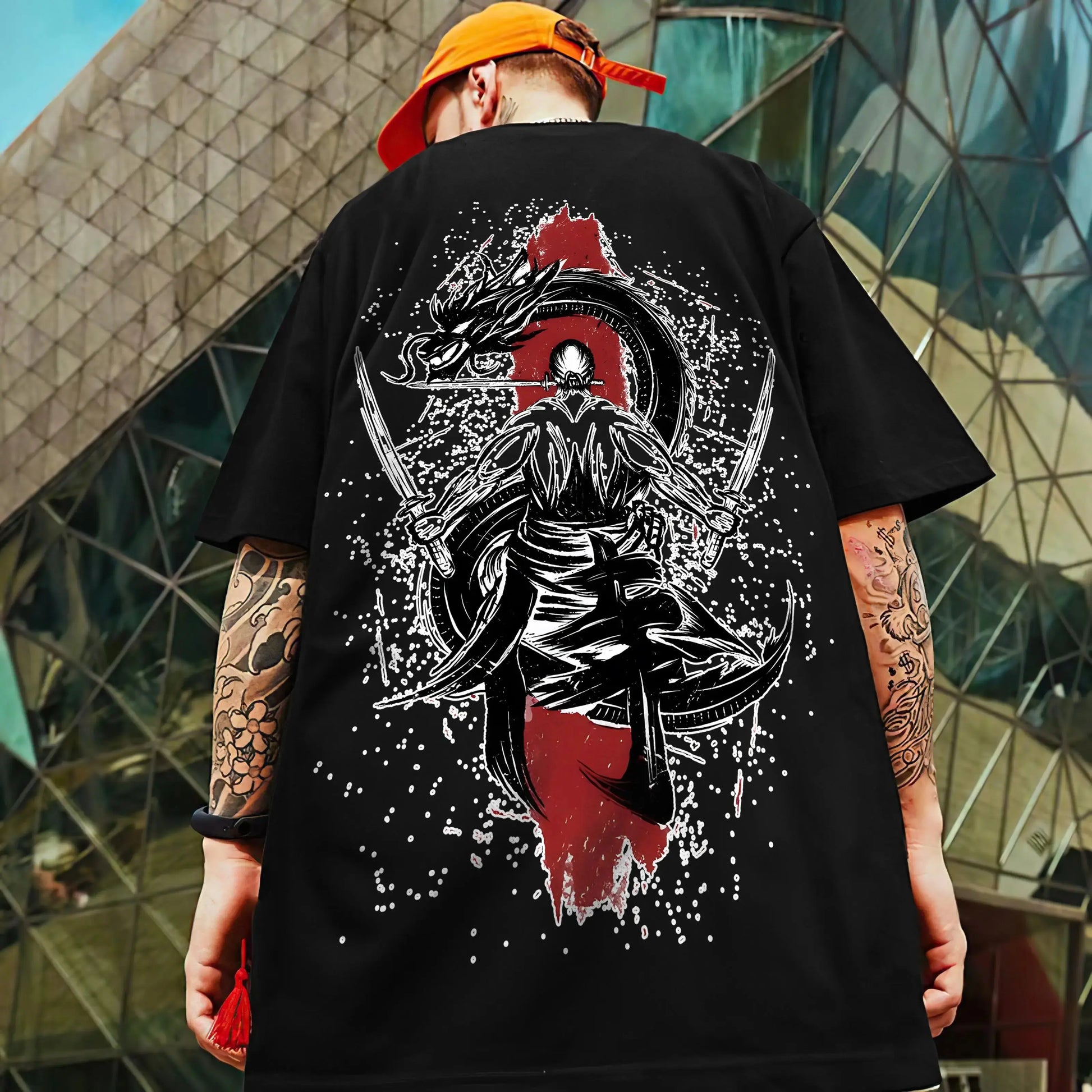 Men's Retro 3D Samurai Sword Print T-Shirt | Loose Fit Harajuku Style Short Sleeve Tee - Prestiqlo