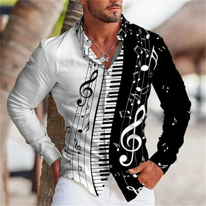 Men's Summer Long Sleeve Shirt | Music Print Design, Comfortable Oversized - Prestiqlo