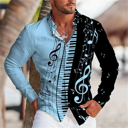 Men's Summer Long Sleeve Shirt | Music Print Design, Comfortable Oversized - Prestiqlo