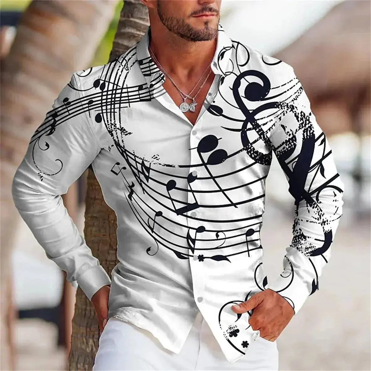 Men's Summer Long Sleeve Shirt | Music Print Design, Comfortable Oversized - Prestiqlo