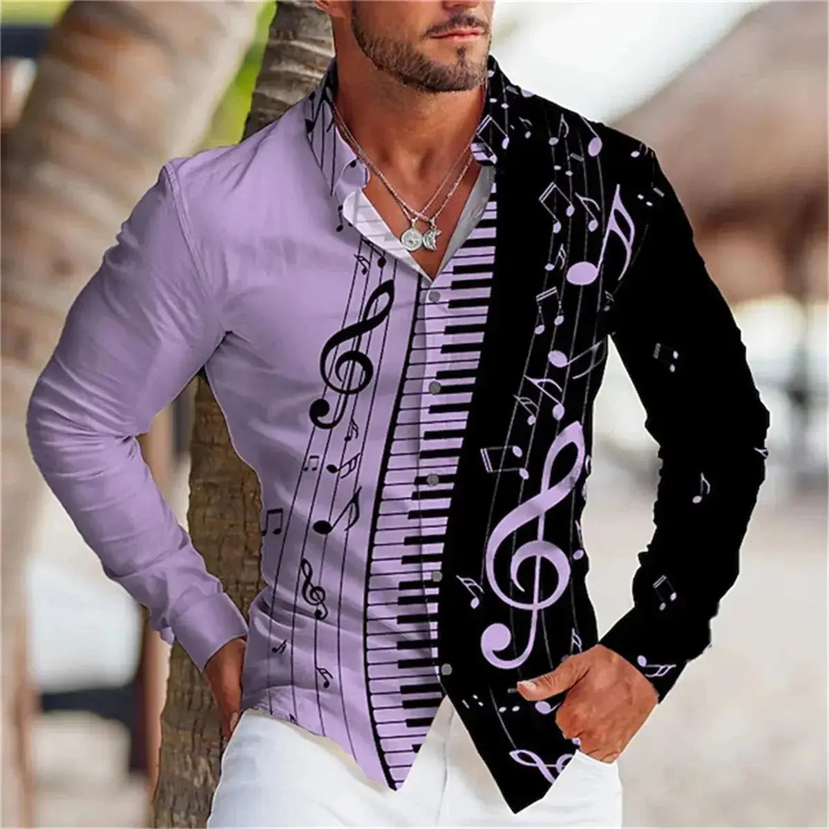 Men's Summer Long Sleeve Shirt | Music Print Design, Comfortable Oversized - Prestiqlo