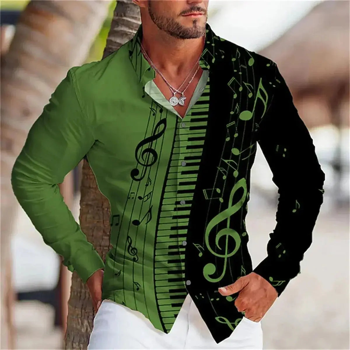 Men's Summer Long Sleeve Shirt | Music Print Design, Comfortable Oversized - Prestiqlo