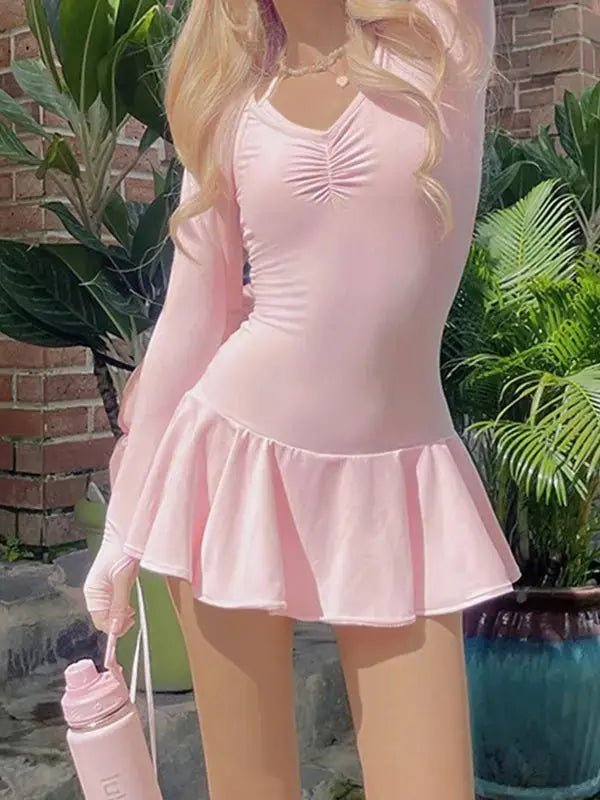 Pink Sweet Ruched Mini Dress with Ruffled Hem and Long Sleeves - Prestiqlo