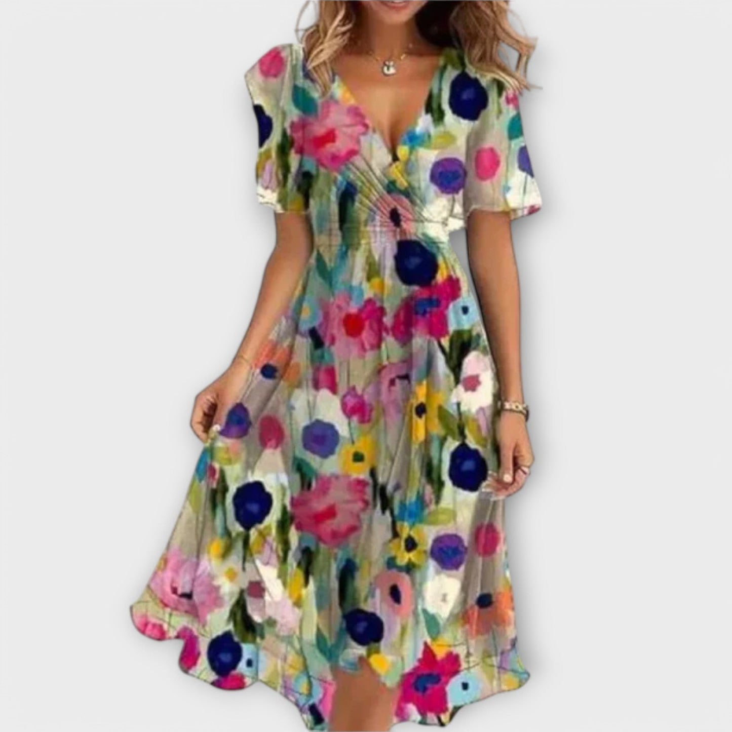 Annegret – Women's Dress with V - Neck - Prestiqlo